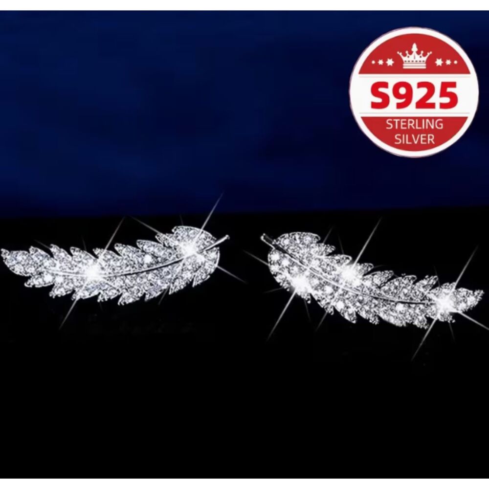 S925 Silver & Crystal Feather Stud Earrings